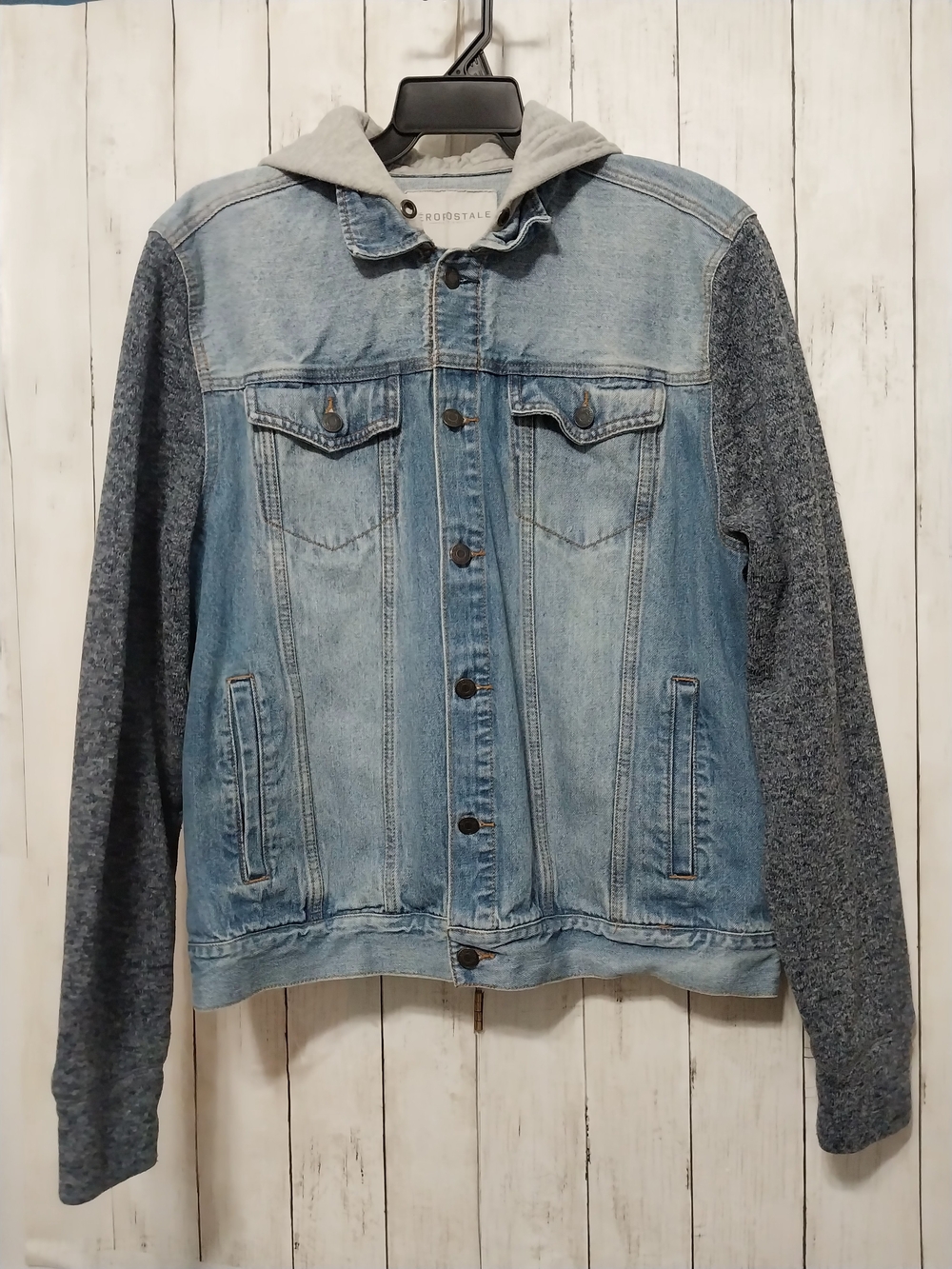 Aeropostale Light Blue Denim Jacket with Gray Knit Sleeves and Hood